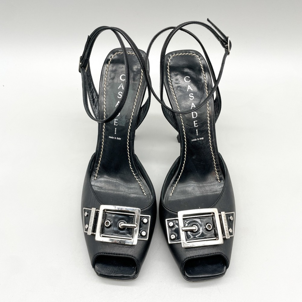 Casadei Womens 7 Buckle Peep Toe Stiletto Heels Black Leather VTG Y2K Mob Wife